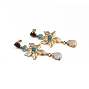 Lapis Lazuli Turquoise Pearl <b>Earrings</b> Gold Plated Dangle <b>Earrings</b> Handmade Statement Jewelry - Product Image 3