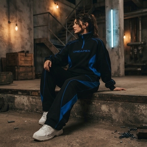 Conjunto Deportivo de Dos Piezas para Mujer, Sudadera con Cierre de Cremallera, Pantalones Deportivos, Estilo Casual, Color Negro y Azul - Product Image 4