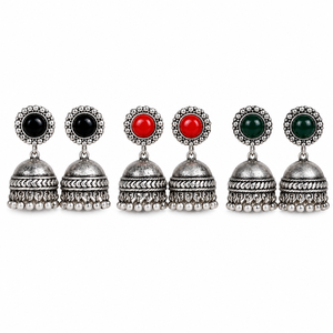 Boucles d'oreilles pendantes en laiton oxydé antique plaqué argent, onyx noir, corail, onyx vert, style Bollywood Jhumka – Article très demandé - Product Image 1