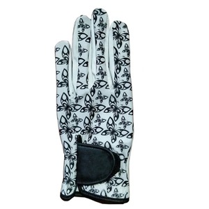 Gant de golf pour femme en cuir véritable blanc avec paume florale noire antidérapante, protection UV authentique - Product Image 4