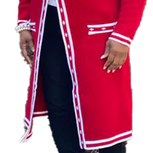 Red White Long <b>Duster</b> Cardigan Winter Wool/Cashmere for Sorority Knit Sweater Open Front V Neck Classic Contrast - Product Image 5
