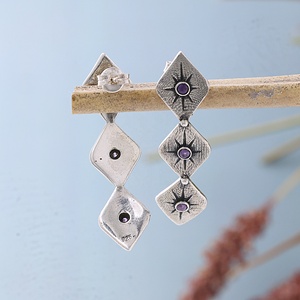 Natural Amethyst 925 Sterling Silver Vintage Long <b>Dangle</b> Studs <b>Earrings</b> Geometric <b>Diamond</b> Shaped Purple Gemstone Drop <b>Earring</b> - Product Image 6