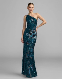 Robe de soirée élégante bleu sarcelle asymétrique à sequins, coupe fourreau, longueur ras du sol, 100% polyester satiné, effet illusion, infroissable - Product Image 4