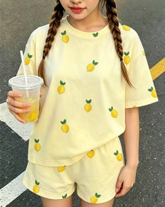 Girls 2-Piece Lemon Print Set Short Sleeve Top with Shorts Summer Outfit Comfortable Breathable Cotton Casual Wear Customizable - Product Image 1