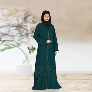 Abaya Islámica Modesta de Tela Nida con Panel Frontal Vertical Adornado con Cristales, Silueta Recta Elegante, Largo hasta el Suelo para Mujer - Product Image 2