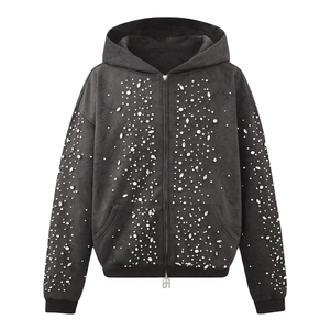 Vintage Men's 100% Cotton Rhinestone Zip-Up Hoodie Solid Pattern Customizable Colors Autumn High Quality 2026 - Product Image 1