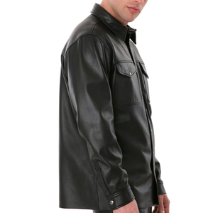 Chemise en cuir véritable noir pour homme, manches longues, boutonnée sur le devant, style motard décontracté, coupe ajustée, surchemise en cuir de qualité supérieure - Product Image 2