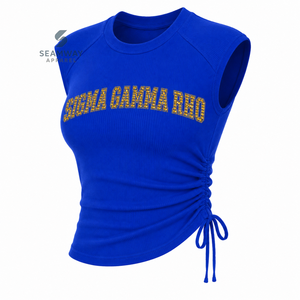 Sigma Gamma Rho Sorority Women's Bling Rhinestone Ribbed Tank <b>Top</b> Ruched Side Crew Neck <b>Raglan</b> Cap Sleeve Casual Crop <b>Top</b> - Product Image 2