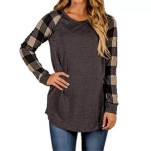 Camiseta Casual de Manga Larga con Cuello Redondo y Estampado a Cuadros Buffalo para Mujer, Mezcla de Algodón, Ropa de Moda Otoño Invierno, Venta al Por Mayor - Product Image 3