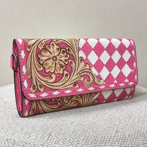 Conjunto de Bolso y Cartera de Cuero Vacuno Hecho a Mano, Diseño Personalizado de Fábrica, Precio Bajo, Patrón a Cuadros Rosa y Blanco - Product Image 6