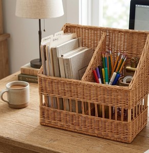 Handwoven Rattan <b>Desktop</b> Organizer Basket with Multiple Compartments, Natural Wicker Storage <b>Bin</b> for Office Supplies, Books - Product Image 6