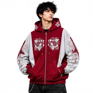 Sudadera con capucha para hombre, personalizada, con hombros caídos, bloques de color, 100% algodón/felpa, con cremallera, estampado geométrico, estilo urbano, corte regular, para invierno - Product Image 1