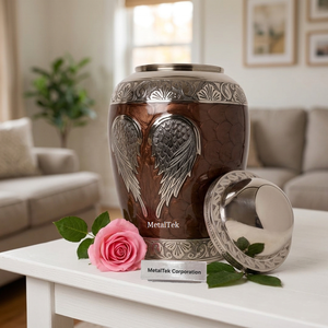 Top Selling Brass Cremation Urns Brown Gloss Finish Silver Hand Carved Angel Wings Floral Band Large Funeral Adult Memorial Jars - Product Image 3