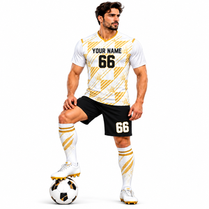 Diseño contemporáneo de uniforme de fútbol blanco con detalles dorados y pantalones cortos negros para ropa deportiva de equipo - Product Image 2