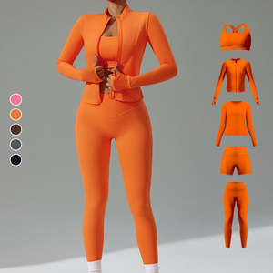 Ensemble de vêtements de sport pour femmes en 4 pièces, rose, soutien-gorge de sport extensible, veste zippée, haut court et leggings, coupe ajustée, vêtements de fitness - Product Image 6