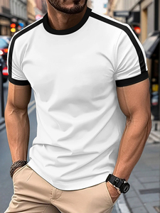 T-shirt noir à manches courtes pour homme avec bordure blanche, coupe classique, col rond, imprimé décontracté, tricoté 200g, en polyester vierge - Product Image 2