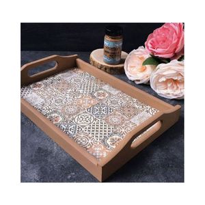 Bandeja de Servir de Madera Vintage Hecha a Mano con Incrustaciones de Latón y Tallado Floral, Plato Rectangular Decorativo para Otomana, para Hotel y Hogar - Product Image 3