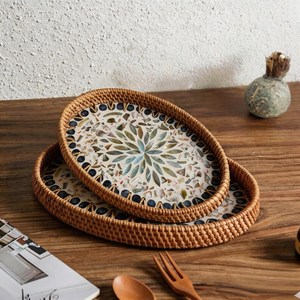 Latest Rattan Wicker Tray with Mother of Pearl Inlay Wooden Base and Insert Handle for Fruit Serving, Coffee Table Trays - Product Image 3