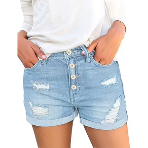 Shorts de mezclilla elásticos de tiro alto con bolsillos traseros rasgados y dobladillo sin rematar para curvas, shorts de mezclilla desgastados para mujer - Product Image 1