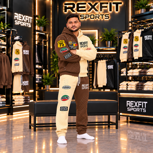 Ensemble de survêtement pour homme Rexfit sports2026Custom, couleur crème et marron, avec sweat à capuche zippé |   Pantalons de jogging assortis |   Produits sportifs de gros de qualité supérieure - Product Image 6