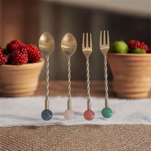 Gold Plated Twisted Handle Cutlery Set With Marble <b>Ball</b> Ends Modern Design Spoon Fork Set - Product Image 5