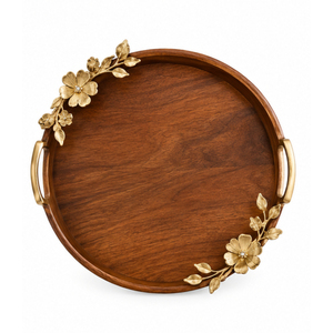 Plateau de table rond de luxe fait main avec poignées en métal doré antique, plateau de service décoratif en bois pour la vente en gros - Product Image 2