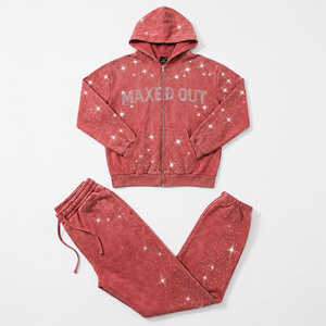 Custom Logo Heavyweight Rhinestone Hoodies Sets Y2K vintage washed Fleece Full Zip Hoodie and Jogger Sets High Quality Supplier - Product Image 2