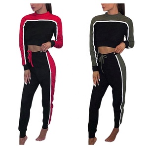 Ensemble de survêtement 2-en-1 en polaire antistatique pour femme, avec blocs de couleur, comprenant un haut court à manches longues et col rond et un pantalon de jogging à cordon de serrage sur le côté - Product Image 6
