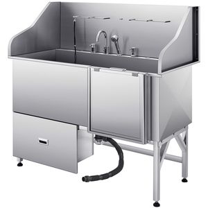 Vasca per toelettatura cani in acciaio inossidabile da 61 pollici con rampa, filtro acqua, rubinetto e soffione doccia, stazione di lavaggio e pulizia animali domestici da 55 pollici - Product Image 1