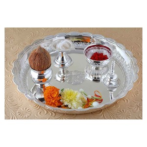 <b>Decorative</b> Brass Pooja Thali Set Designer Finish Puja <b>Plate</b> with Diya Bell Kalash Home Temple Decor Festive Gift - Product Image 3