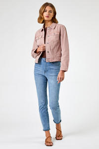 Veste en jean délavé rose pour femme, boutonnée, manches longues, décontractée, couleur unie, en coton, style printemps - Product Image 5