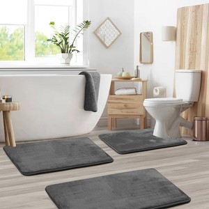 Modern 3-Piece Dark Gray Bath <b>Mats</b> <b>Set</b> Rectangle Non-Slip Rubber Backing Microfiber Thick Tufted for Home <b>Bathroom</b> Use - Product Image 1