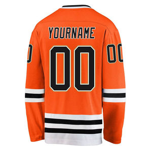 Camiseta de Hockey sobre Hielo Naranja Personalizada para Hombre, Impresión Sublimada con Nombre del Equipo y Número, Manga Larga, Cuello en V, Poliéster Transpirable - Product Image 3