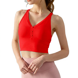 Sujetador deportivo con cuello en V para mujer, con tirantes con botones, transpirable, soporte medio, color blanco sólido - Product Image 3