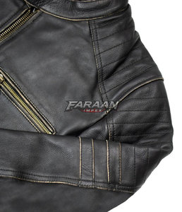 Blouson de moto vintage noir en cuir pour homme, avec épaulettes, style Cafe Racer, finition antique, poches zippées, vêtement rétro pour la conduite sur route - Product Image 5