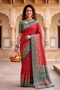 Sari en soie Pashmina Rajwadi, tissage de fils cachemiriens, pallu, bordure Zari lourde, doux, traditionnel, pour mariage et fêtes - Product Image 6