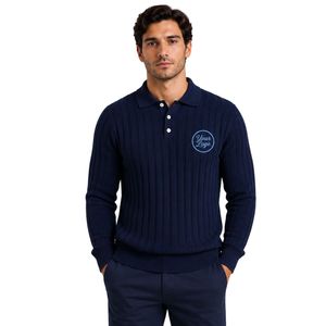 Pull polo en tricot côtelé bleu marine à manches longues, col boutonné, décontracté, doux, chaud, hiver, homme, logo personnalisé, mode haut de gamme - Product Image 1