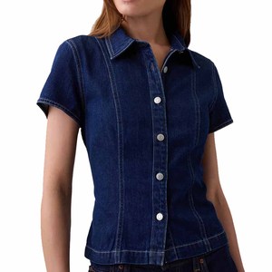 Chemise en jean boutonnée pour femme, manches courtes, coupe décontractée, couleur unie, tissu en jean, à porter toute l'année - Product Image 5