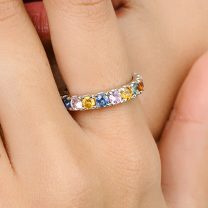 14K Solid Gold Multi Sapphire Eternity Band-<b>Resizable</b> Prong Set Wedding <b>Ring</b> - Product Image 1