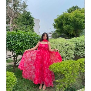 Digital Printed Anarkali <b>Gown</b> Set in Georgette Chiffon Including Bottom and Dupatta with Floral Print - Product Image 4