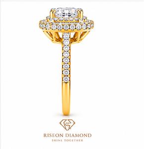 Premium cushion cut diamond engagement ring double halo round lab grown diamonds pavé band brilliance timeless luxury jewelry - Product Image 1