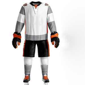 Custom Sublimation Ice Hockey Uniform Set – Professional White, Grey, and <b>Orange</b> Team Jersey with Matching Black Shorts and <b>Sock</b> - Product Image 3