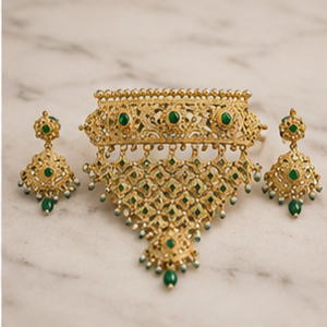 Conjunto de Collar y Pendientes Chapados en Oro con Circonita Verde y Perlas de Imitación, Joyería Vintage para Mujer, Joyería de Moda para Bodas - Product Image 3