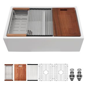 Lavello da Cucina a Doppia Vasca in Ceramica Bianca da 33 Pollici con Rubinetto, Stile Farmhouse - Product Image 4