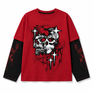 Camiseta de Manga Larga con Estampado de Calavera Gótica, Estilo Falso de Dos Piezas, para Hombre, Streetwear, Oversize, Grunge, Y2K, Hip Hop, Harajuku, Punk, Color Rojo Oscuro - Product Image 4