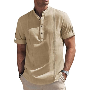 Camisa Henley de Lino y Algodón para Hombre, Manga Corta, Estilo Hippie, Cuello Camisero, Casual, para Playa, Verano - Product Image 1