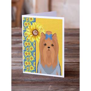 Whimsical Summer Sunflowers Blue Tan Yorkshire Terrier Tarjetas de felicitación Pack 8 A7 Tamaño 5x7 Tarjetas de nota en blanco con sobres - Product Image 2