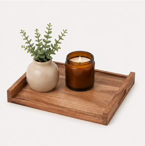 Custom Logo Natural Acacia Wood Serving <b>Tray</b> With Cutout Handles Durable Square Wooden Platter For <b>Breakfast</b> Coffee Table - Product Image 6