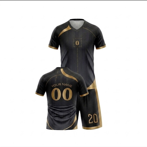 Custom Dropshipping Football Shirt Quick Dry Soccer Jersey and Shorts <b>Black</b> & Gold Color Set Sublimated Uniform Kit - Product Image 1