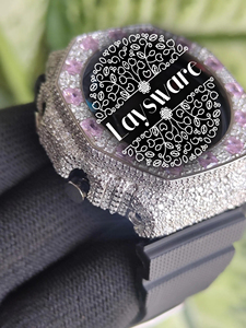Luxury Iced Out VVS Moissanite Diamond <b>Watch</b> Pink Gemstone Bezel <b>Black</b> Rubber Strap Analog Digital Hip Hop Unisex <b>Watch</b> - Product Image 2